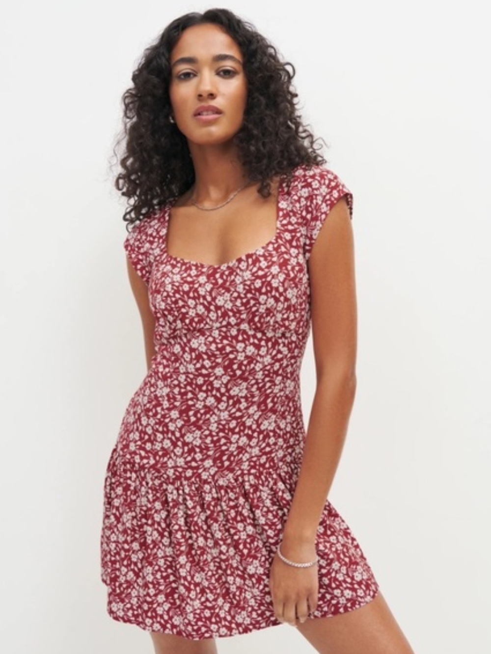 Reformation Olencia Burgundy Floral Scoop-Neck Mini Dress
